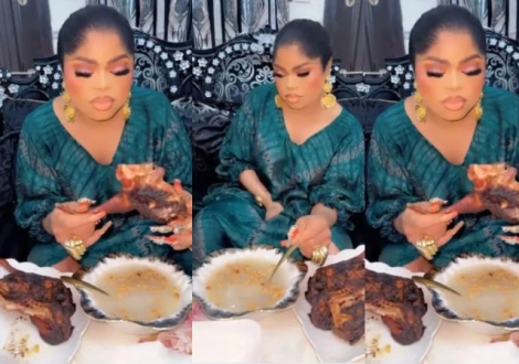 “Sapa sef touch mummy of Lagos” – Reactions as Bobrisky is seen ‘soaking’ garri, groundnut with guinea fowl