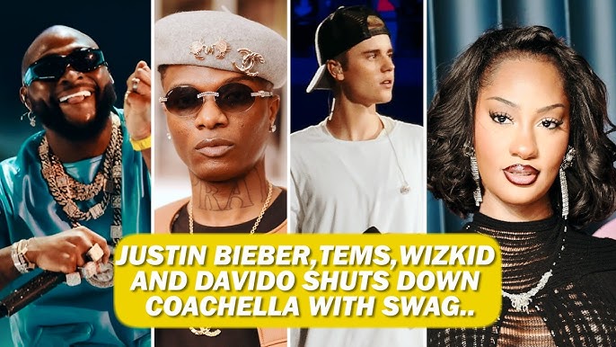 Wizkid and Tems performing Essence with Justin Bieber on the Coachella 2026 main stage with Davido representing Afrobeats at the festival