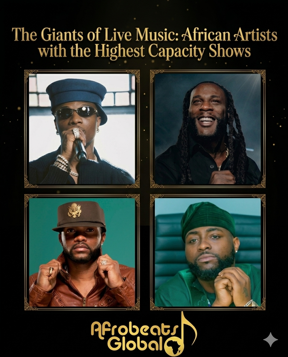 A ranking chart of African artists with the highest concert capacities, featuring icons like Wizkid, Burna Boy, and Fally Ipupa.