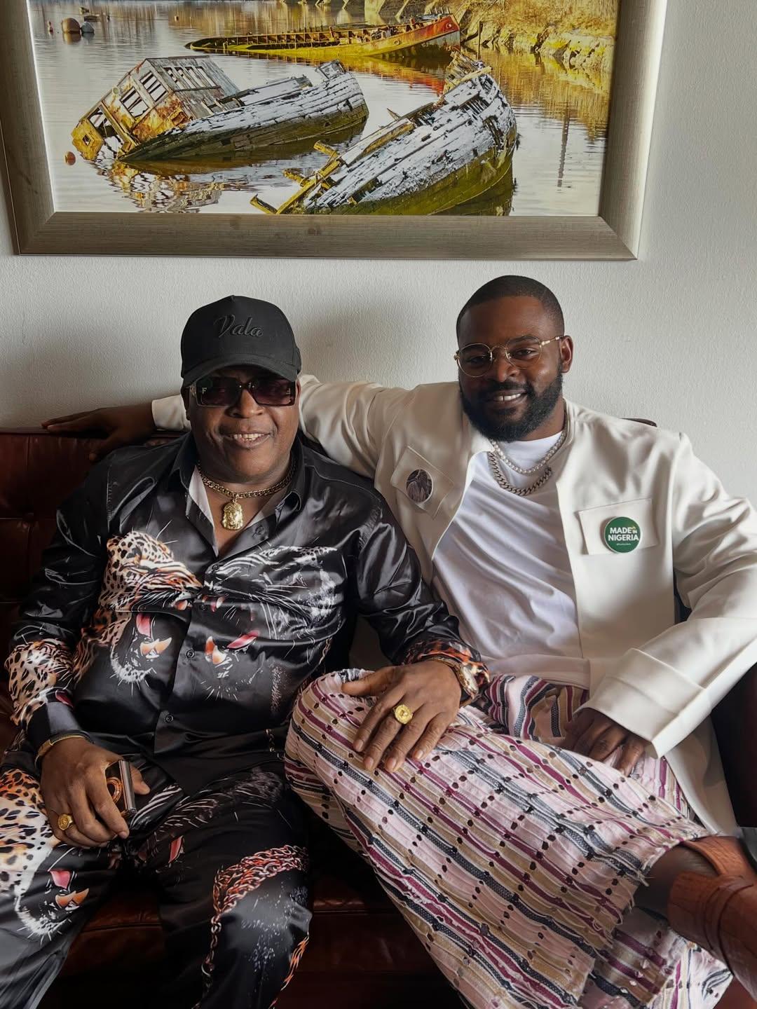 Falz and Sir Shina Peters taking pics for the Omoge music video