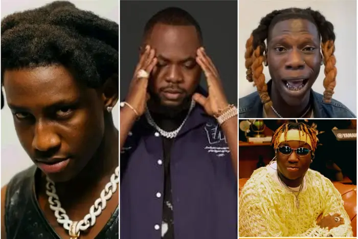 Seyi Vibez, Shallipopi and music executive Dapper collage for royalties dispute story